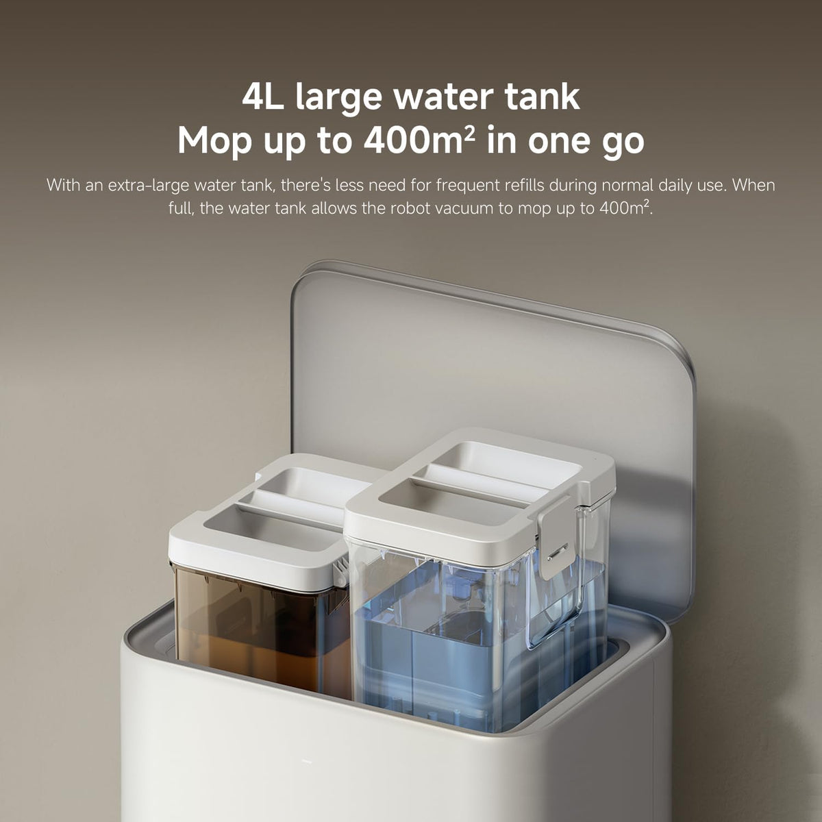 4L large water tank for a robot vacuum cleaner with text on capacity and usage.