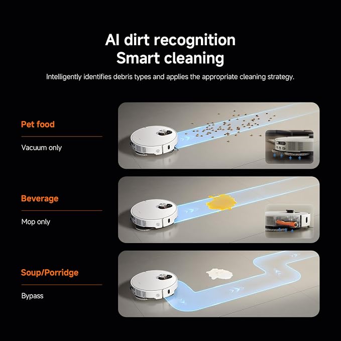 Smart cleaning device with AI dirt recognition technology on a black background