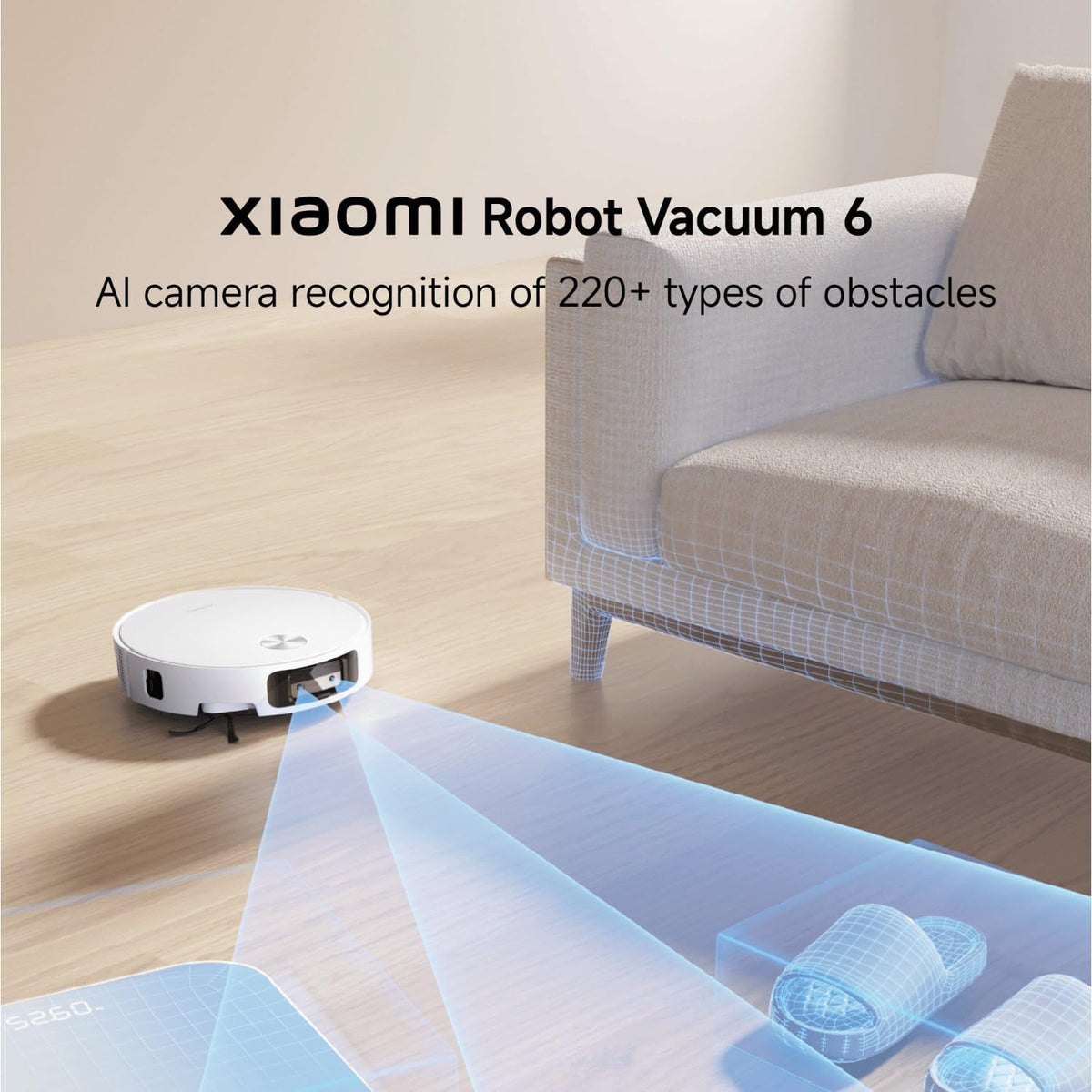 Xiaomi Robot Vacuum 6 shown on a light wood floor in a living room setting next to a sofa, with text overlay highlighting its AI camera obstacle recognition feature.