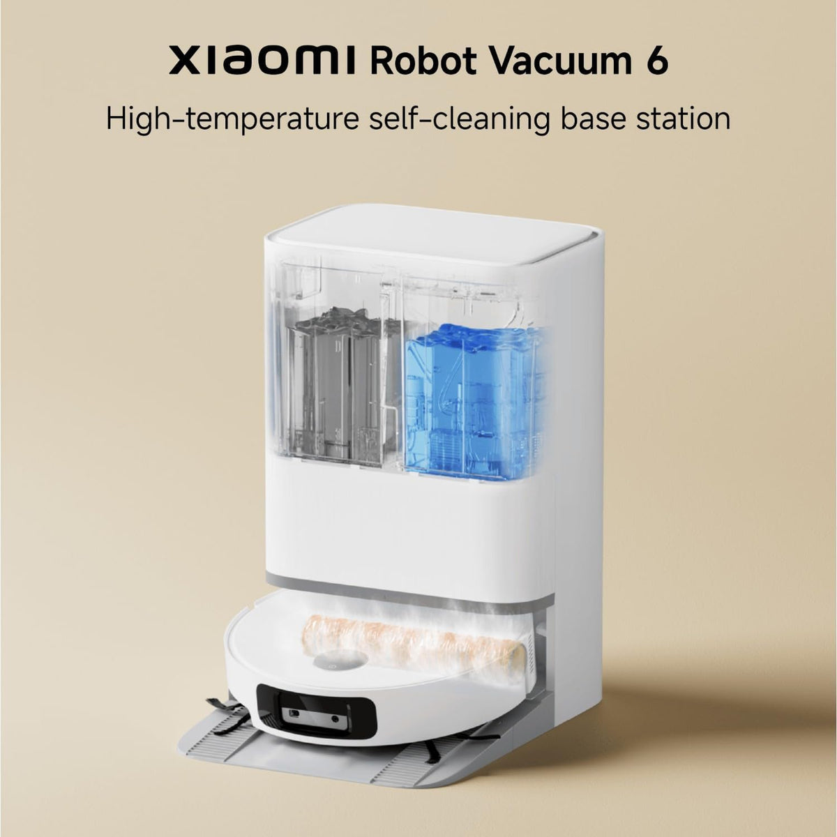 Xiaomi Robot Vacuum 6 high-temperature self-cleaning base station with transparent water tanks and a white robotic dock, shown on a beige background with product text.