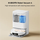 Xiaomi Robot Vacuum 6 high-temperature self-cleaning base station with transparent water tanks and a white robotic dock, shown on a beige background with product text.