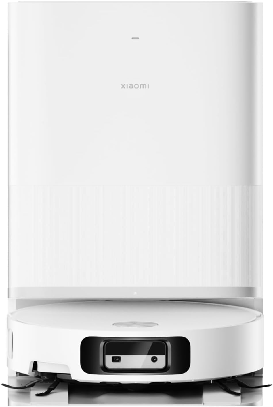 A white Xiaomi robotic vacuum cleaner docked at its matching white charging station, shown against a plain white background.