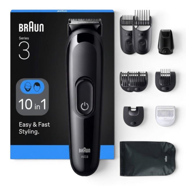 Braun Series 3 All-in-One Style Kit 3560, black trimmer with 10 attachments for beard, head, nose, and ear grooming. Easy styling.