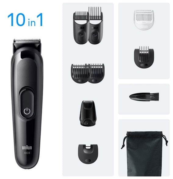 Braun All-in-One Style Kit Series 3 3560, a black cordless trimmer with multiple attachments for beard, hair, nose, and ear trimming.