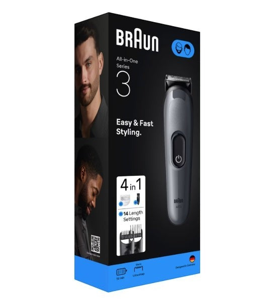 Braun All-in-One Style Kit Series 3 3500 trimmer box with images of men, showing 4-in-1 functionality and 14 length settings.