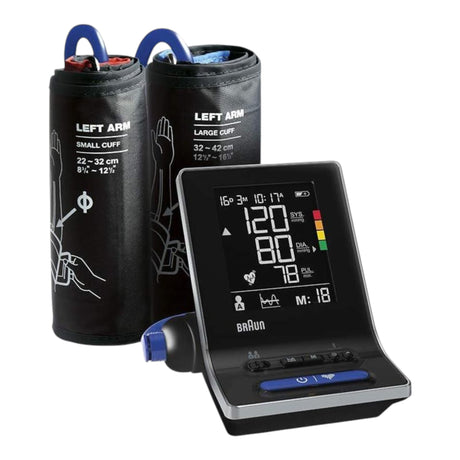 Braun upper arm blood pressure monitor with two cuffs (small and large) and digital display showing 120/80 mmHg.