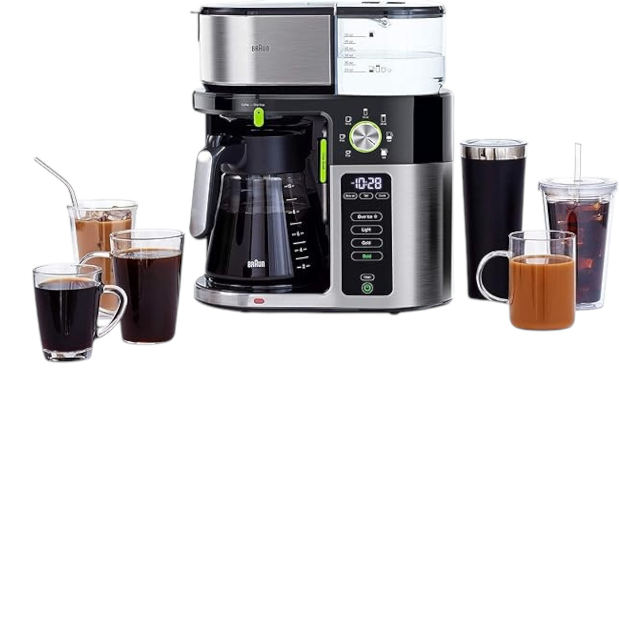 Braun BrewSense Drip Coffee Maker in black and stainless steel with a glass carafe and multiple beverage options displayed.