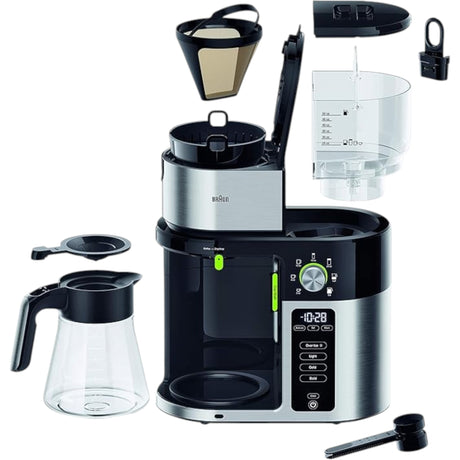 Braun BrewSense Drip Coffee Maker KF9050BK in black and stainless steel with glass carafe and multiple brew settings.