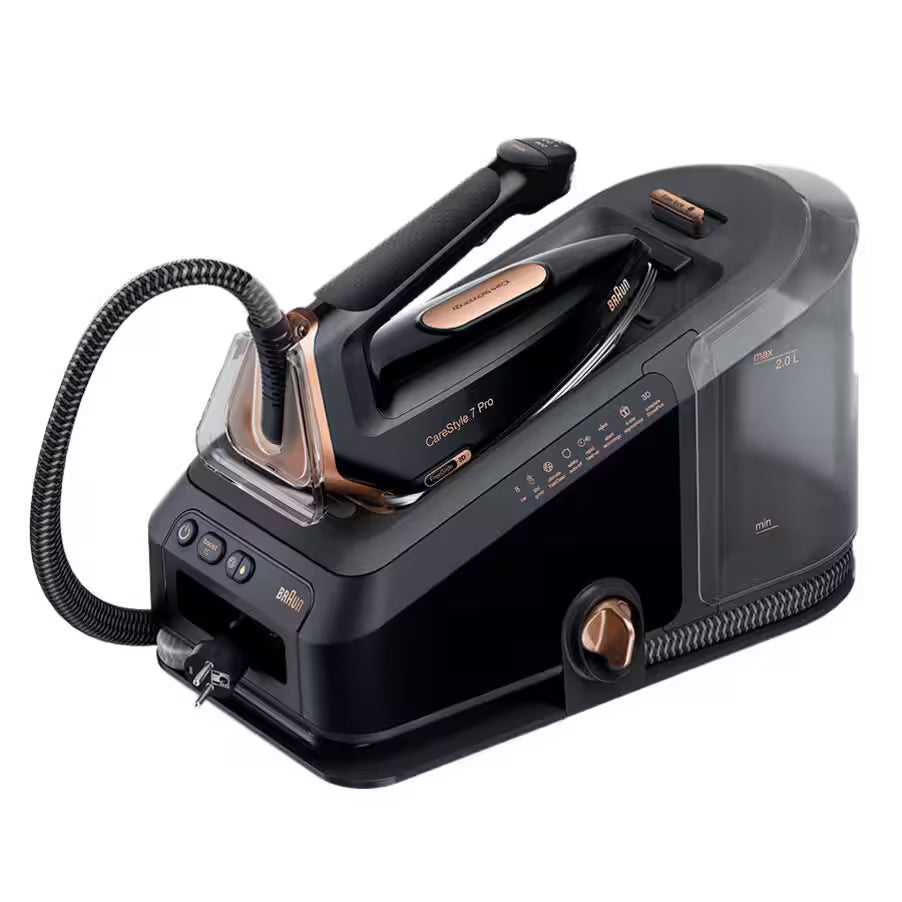Braun CareStyle 7 Pro steam generator iron in black with copper accents, featuring FreeGlide 3D soleplate and 2L water tank.