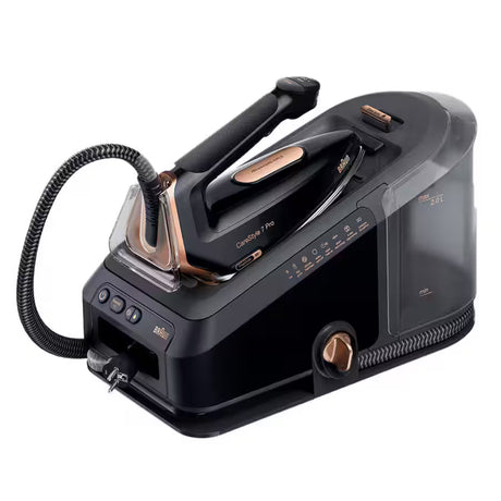 Braun CareStyle 7 Pro steam generator iron in black with copper accents, featuring FreeGlide 3D soleplate and 2L water tank.