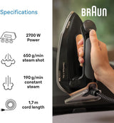 Braun CareStyle 7 Pro steam generator iron in black with iCare Mode and FreeGlide 3D technology. Features 2700W power, 8 bar steam pressure, and 650g/min steam shot.