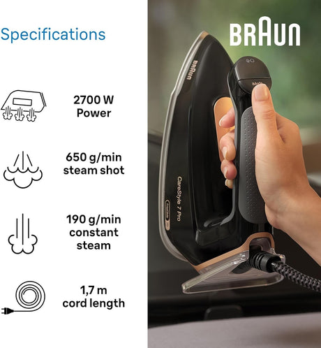 Braun CareStyle 7 Pro steam generator iron in black with iCare Mode and FreeGlide 3D technology. Features 2700W power, 8 bar steam pressure, and 650g/min steam shot.