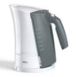 Braun electric kettle in white and grey with a 1.7L capacity and dual water level indicators.