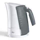 Braun electric kettle in white and grey with a 1.7L capacity and dual water level indicators.