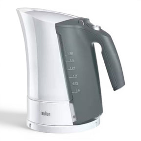 Braun electric kettle in white and grey with a 1.7L capacity and dual water level indicators.