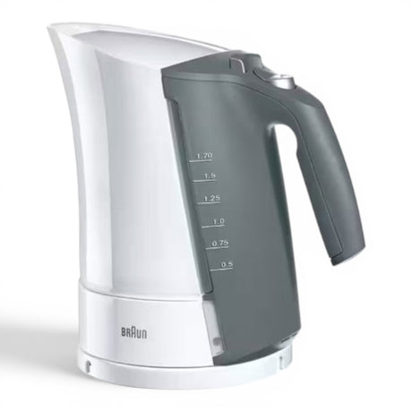 Braun electric kettle in white and grey with a 1.7L capacity and dual water level indicators.