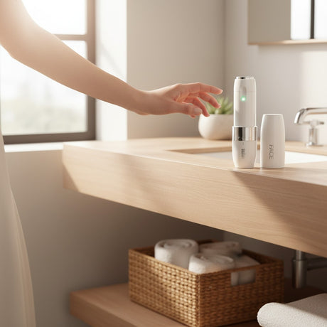 Braun Face Mini Hair Remover FS1000, a white, compact facial epilator with a green light, designed for quick, gentle hair removal. Includes a protective cap.
