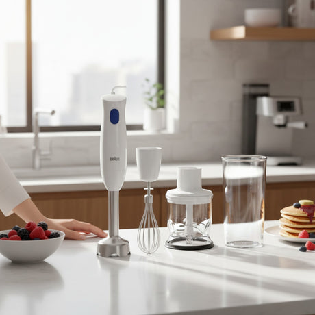 Braun MultiQuick 1 hand blender in white with a blue button, includes whisk and chopper attachments. Perfect for smoothies and purees.