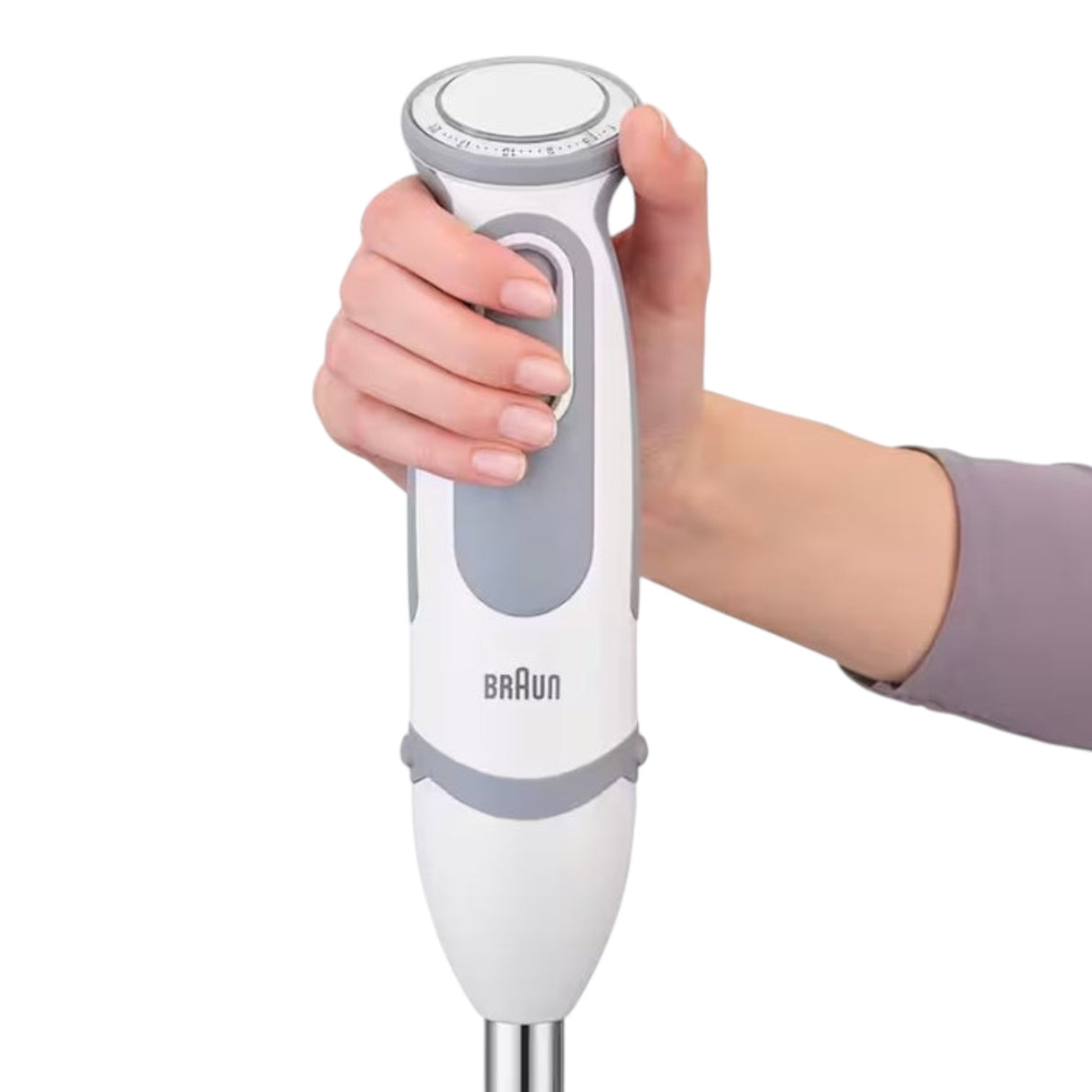 Braun MultiQuick 5 hand blender in white and grey with 21 speeds and a soft grip handle, held by a hand.