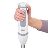 Braun MultiQuick 5 hand blender in white and grey with 21 speeds and a soft grip handle, held by a hand.