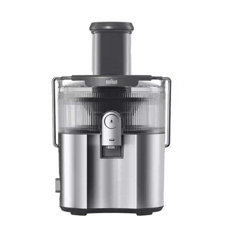 Braun MultiJuice 7 SJ7000 1000W stainless steel juicer with wide chute and anti-drip spout.