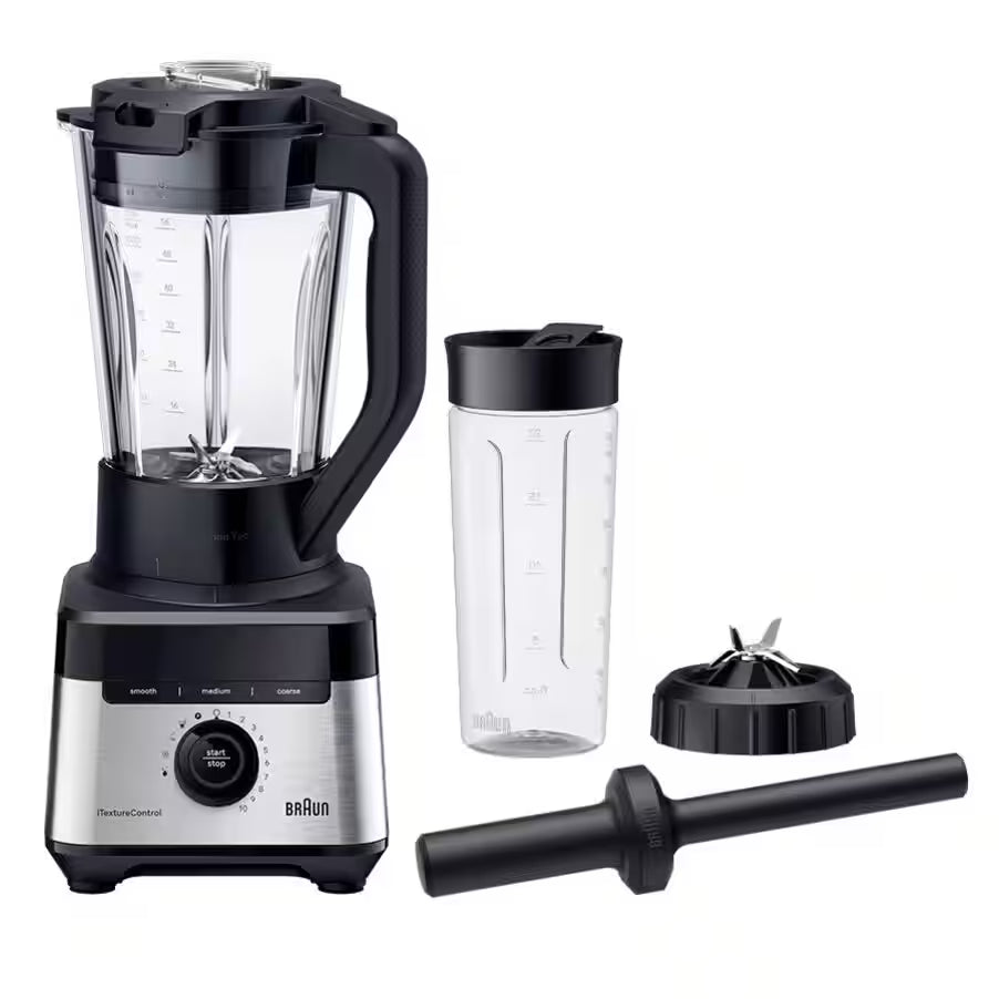 Braun PowerBlend 7 jug blender with 2L glass jar, Smoothie2Go cup, and blade assembly. Black and silver.