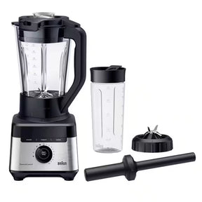 Braun PowerBlend 7 jug blender with 2L glass jar, Smoothie2Go cup, and blade assembly. Black and silver.