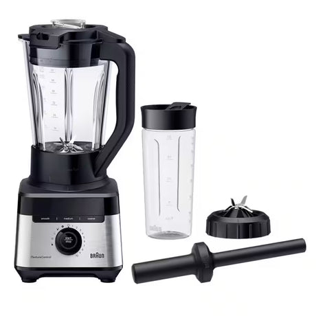 Braun PowerBlend 7 jug blender with 2L glass jar, Smoothie2Go cup, and blade assembly. Black and silver.