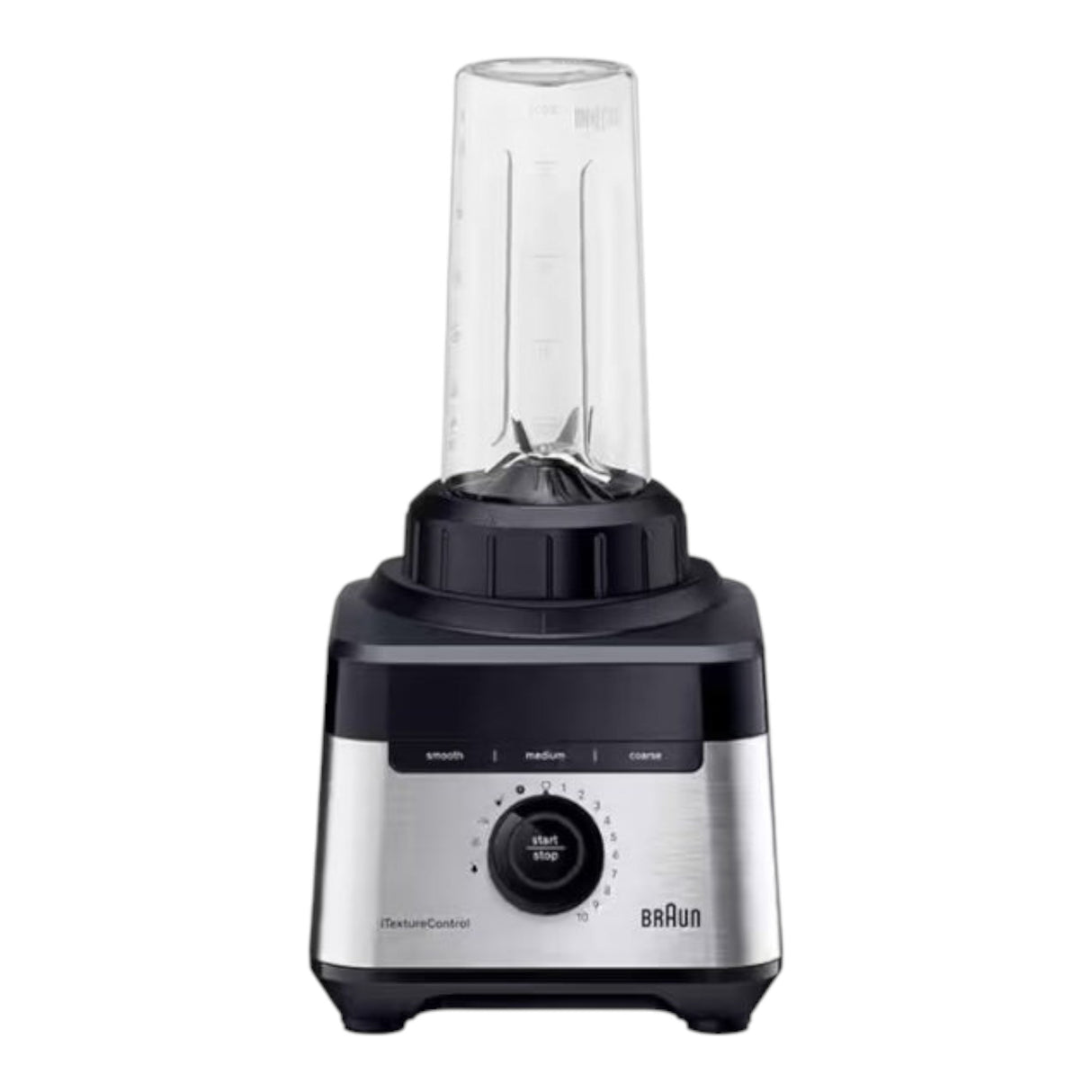 Braun PowerBlend 7 jug blender with stainless steel base, black accents, and a clear 2L glass jug. Features iTextureControl and 10 speeds.