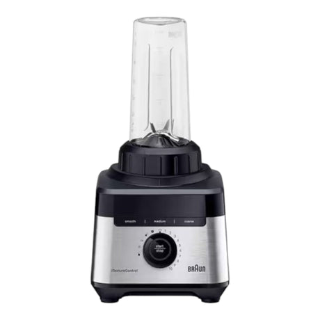 Braun PowerBlend 7 jug blender with stainless steel base, black accents, and a clear 2L glass jug. Features iTextureControl and 10 speeds.