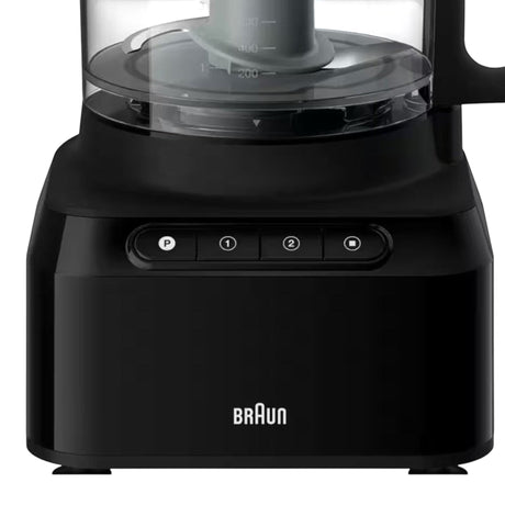 Braun PurEase FP3132BK black food processor with 800W motor, 2 speeds, pulse, and compact design.