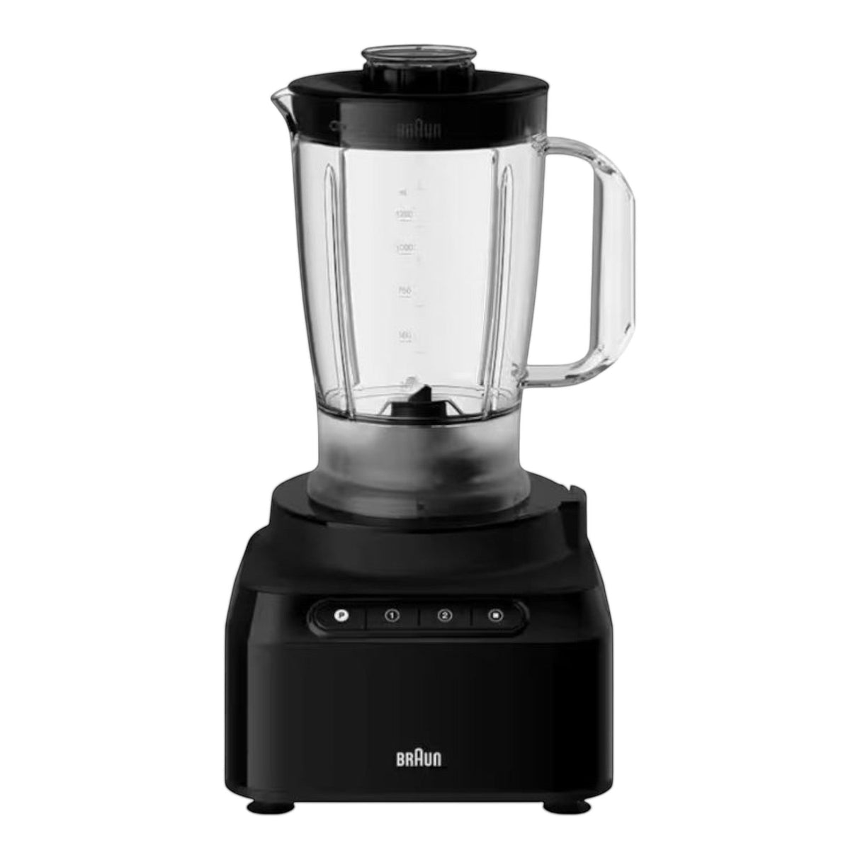 Braun PurEase FP3132BK black food processor with 2.1L BPA-free plastic bowl and 1.2L blender attachment. Features 800W motor, 2 speeds, pulse, and EasyClick system.