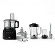 Braun PurEase Food Processor FP3132BK in black, featuring a compact design with multiple attachments including a blender jug, chopping blade, and slicing disc.