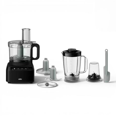 Braun PurEase Food Processor FP3132BK in black, featuring a compact design with multiple attachments including a blender jug, chopping blade, and slicing disc.