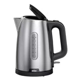 Braun PurShine WK1500BK stainless steel electric kettle, 1.7L capacity, 2200W, with water level indicator and black handle.