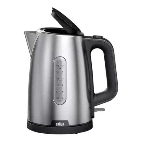 Braun PurShine WK1500BK stainless steel electric kettle, 1.7L capacity, 2200W, with water level indicator and black handle.