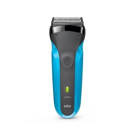 Braun Series 3 310s electric shaver in black and blue, featuring a wet & dry design and 3-Flex system for a close shave.