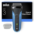 Braun Series 3 310s electric shaver in black and blue, featuring a 3-Flex system and Wet & Dry functionality.