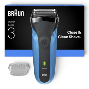 Braun Series 3 310s electric shaver in black and blue, featuring a 3-Flex system and Wet & Dry functionality.