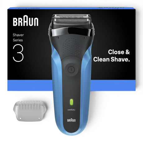 Braun Series 3 310s electric shaver in black and blue, featuring a 3-Flex system and Wet & Dry functionality.