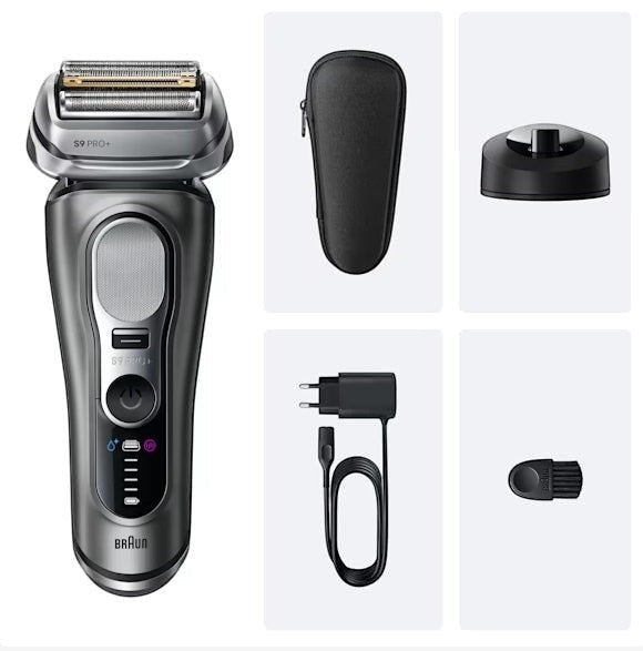 Braun Series 9 Pro+ 9615s graphite electric shaver with 5 synchronized shaving elements, ProLift trimmer, and Wet & Dry functionality.