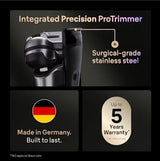 Braun Series 9 Pro+ electric shaver with integrated Precision ProTrimmer made of surgical-grade stainless steel. Silver.
