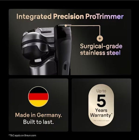 Braun Series 9 Pro+ electric shaver with integrated Precision ProTrimmer made of surgical-grade stainless steel. Silver.