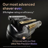 Braun Series 9 Pro+ electric shaver head with Ultra Thin Precision Blades, silver and gold elements.