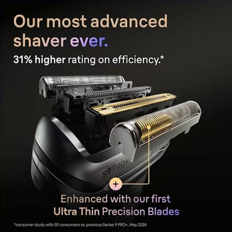 Braun Series 9 Pro+ electric shaver head with Ultra Thin Precision Blades, silver and gold elements.