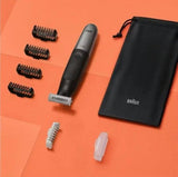 Braun Series X electric shaver and trimmer set with 4 comb attachments, a travel pouch, and protective caps. Black and silver.