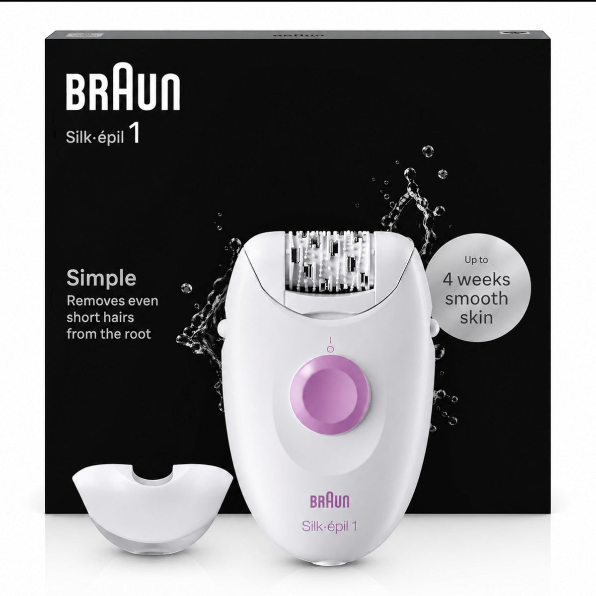 Braun Silk-épil 1 epilator, white with purple accents, 20 tweezers, SoftLift tips, corded use, German engineering.