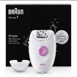 Braun Silk-épil 1 epilator, white with purple accents, 20 tweezers, SoftLift tips, corded use, German engineering.