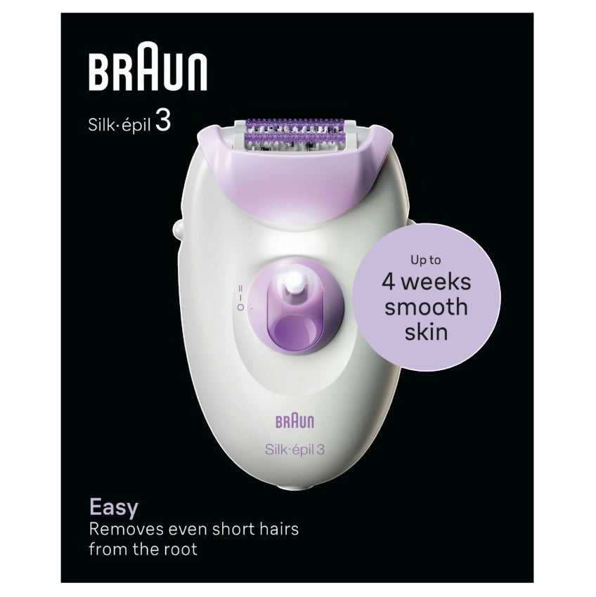 Braun Silk-épil 3 epilator in white and lilac, featuring 20 tweezers and Smartlight for easy hair removal.