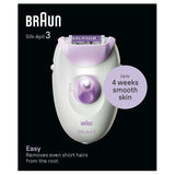 Braun Silk-épil 3 epilator in white and lilac, featuring 20 tweezers and Smartlight for easy hair removal.